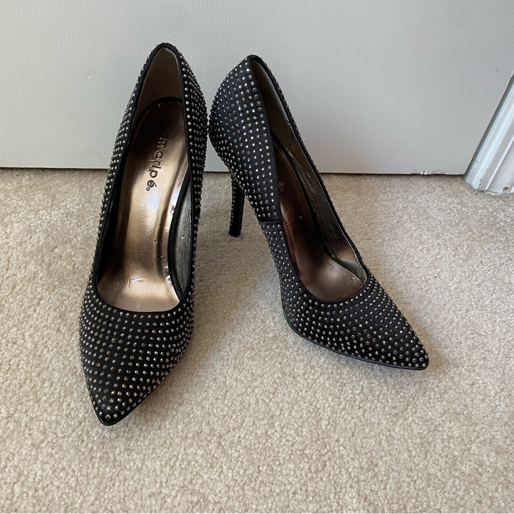 Maripe Black Satin & Rhinestone Studded Women's Heels